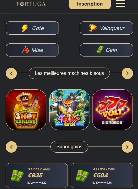 Tortuga Casino, lobby mobile