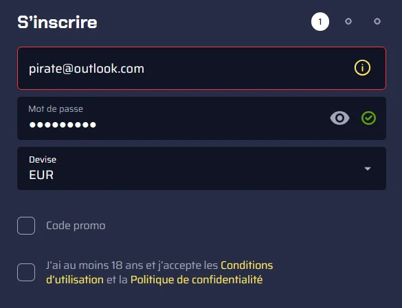 Tortuga Casino, formulaire d'inscription